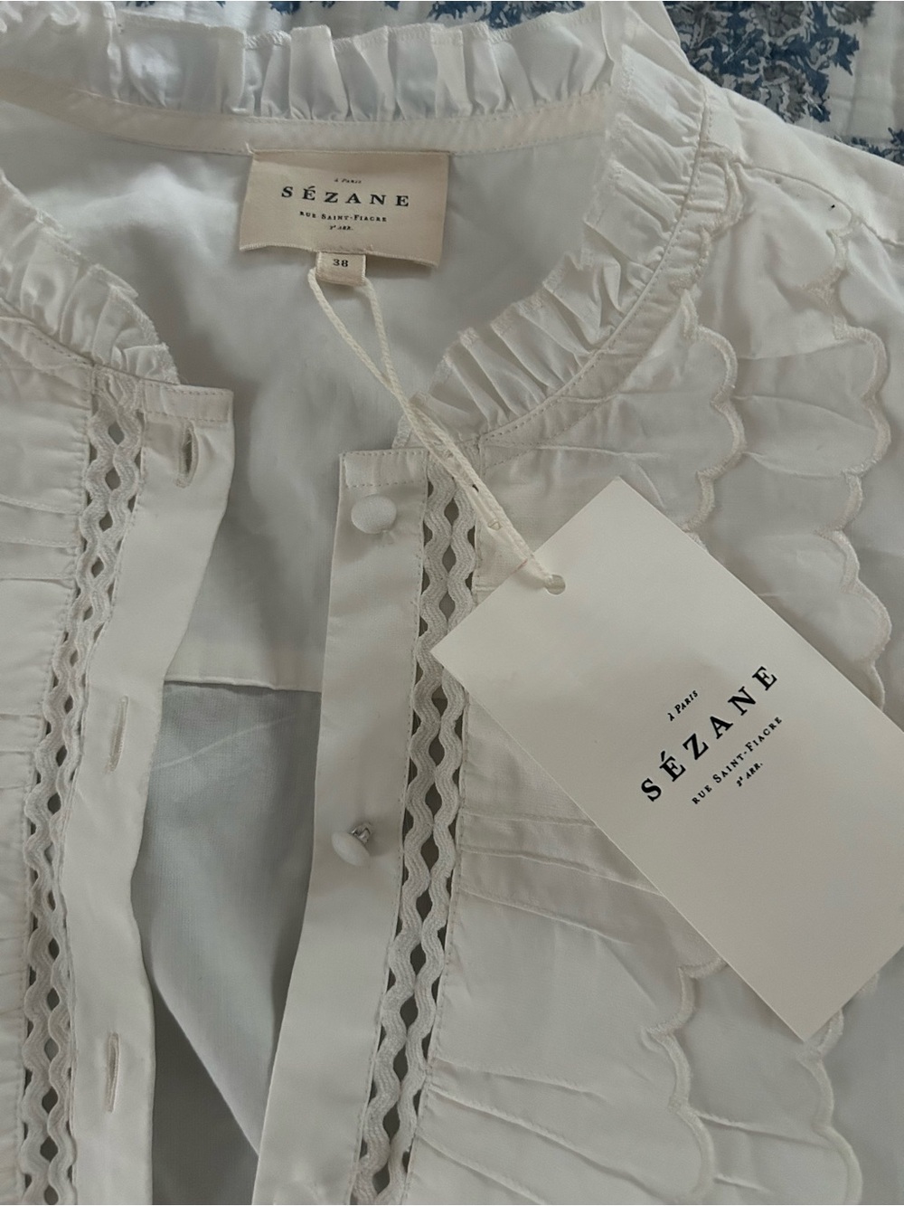 NWT sezane chemise wave Women's White Ruffled Lace-Trim Blouse - Picture 4 of 10